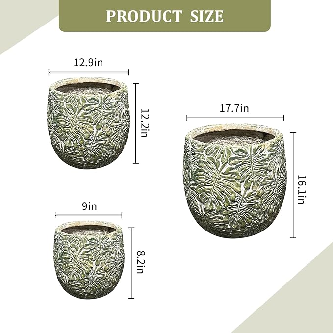 Craft flowerpots 18"+13"+19" Dia Round Concrete Planter Set of 3 Large Outdoor/Indoor Planter Pots Containers with Drainage Holes and Rubber Plug for Home Garden (Green, Large)-Ruum Studio Home