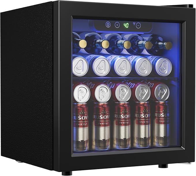 48 Can Beverage Refrigerator Cooler, Mini Fridge Glass Door with Adjustable Shelves, Freestanding Beverage Fridge with Blue LED for Home/Office/Dorm/Bar, 1.3 Cu.ft-Ruum Studio Home