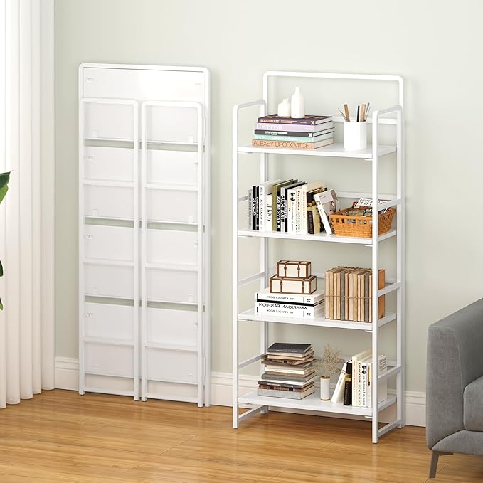 4NM No Assembly Foldable Bookshelf, 4-Shelf Collapsible Bookcase Storage for Small Spaces, 54" H, All White-Ruum Studio Home
