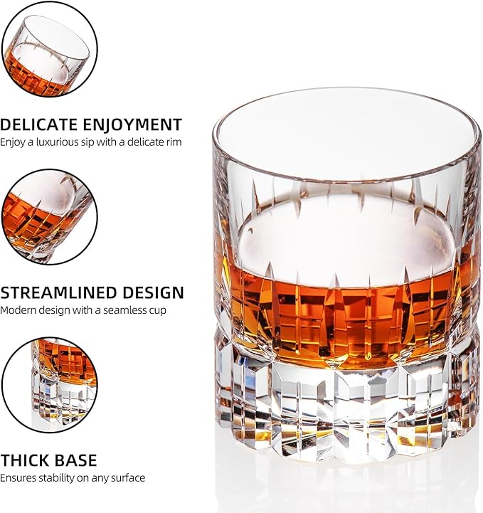 KAMMAK Crystal Whiskey Glasses Set of 2, Luxury 7.78oz Old Fashioned Glasses Stemless, Hand Blown Cocktail Glasses, Handcrafted Engraved Scotch Cup for Women, Men Gift for Bourbon Barware-Ruum Studio Home
