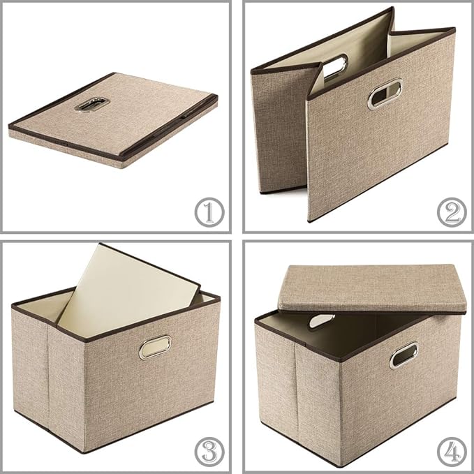 PRANDOM Large Collapsible Storage Baskets with Lids [5-Pack] Jute Fabric Foldable Storage Bins Boxes Organizer Containers Cube with Cover for Home Bedroom Closet Office Nursery (17.7x11.8x11.8)-Ruum Studio Home