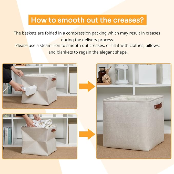DULLEMELO Storage Bins, 4 Pack Of 13x13x13 Decorative Storage Cube Bins Suit Office, Home, Shelves And Closet, Cube Storage Bin with Leather handle(4 Pack - 13" Beige)-Ruum Studio Home