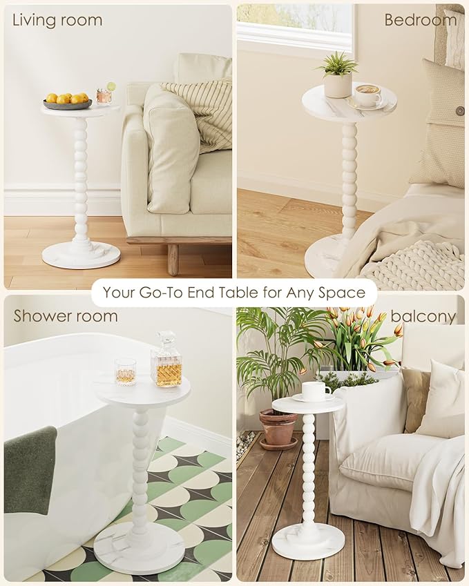 Masupu Round Side Table, Small Drink Table for Small Spaces, Pedestal End Table with Solid Wood Leg for Living Room, Bedroom, Corners(Marble White)-Ruum Studio Home