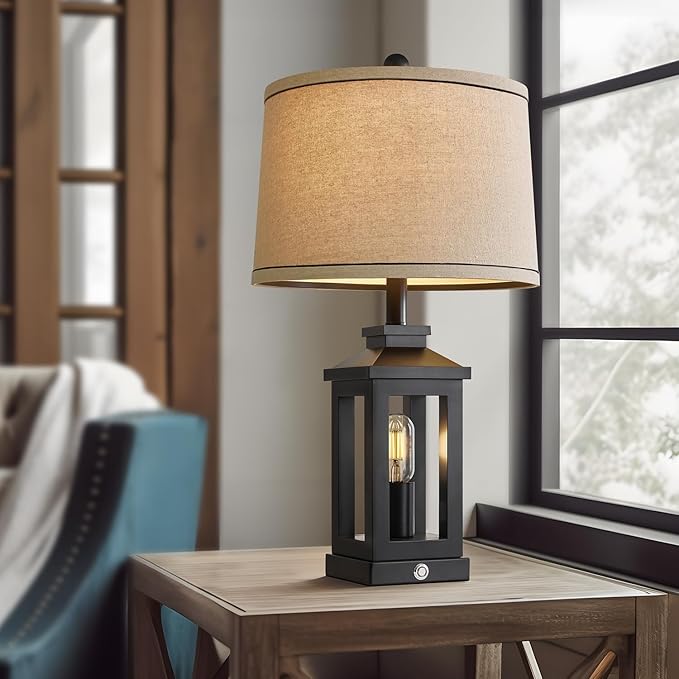 23.75" Retro Farmhouse Black Table Lamp for Living Room Bedroom Nightstand Set of 2 Touch Control Bedside Nightlight Vintage Modern Lamp with USB C+A Ports and 2 Light Sources-Ruum Studio Home