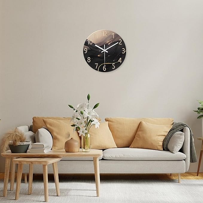 Large Wall Clocks Battery Operated 16 Inch Marble Glass Wall Clock for Living Room Black and Glod Wall Clock Silent Non Ticking-Ruum Studio Home