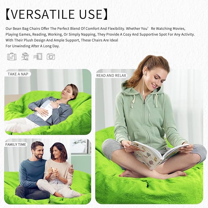 Bean Bag Chair for Adults 6FT,Soft Removable Cover for Teens/Girls Bedroom,Fluffy Giant Round Floor Beanbag Lounger Chairs (No Filler,Green)-Ruum Studio Home