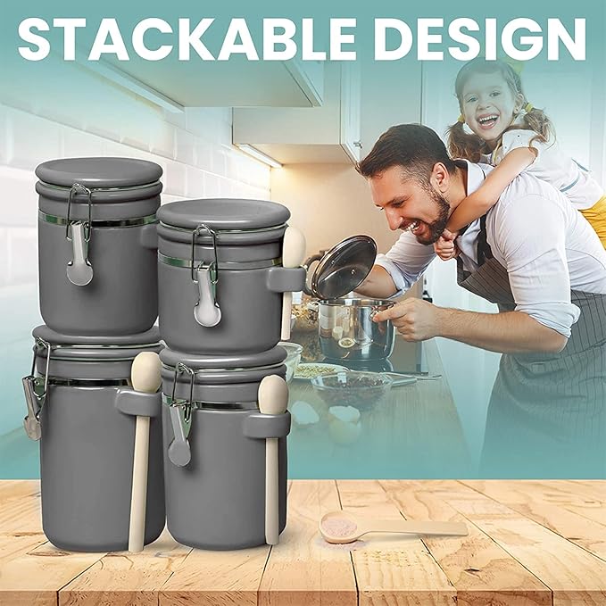 Home Intuition 4-Piece Ceramic Kitchen Canisters Set, Airtight Containers with Wooden Spoons Reusable Chalk Labels and Marker for Sugar, Coffee, Flour, Tea (Grey)-Ruum Studio Home