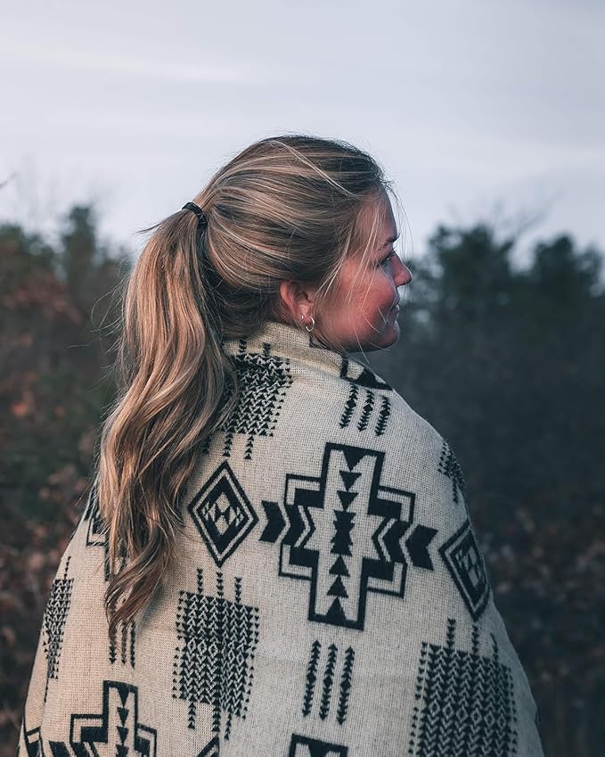 Inca Aztec Throw, Queen, King Blanket | Southwest Indian Navajo Boho Style | Native Cover for Camping, Bedding, Couch, Vanlife | Faux Alpaca, Lightweight, Hypoallergenic (Obsidian Black, King)-Ruum Studio Home
