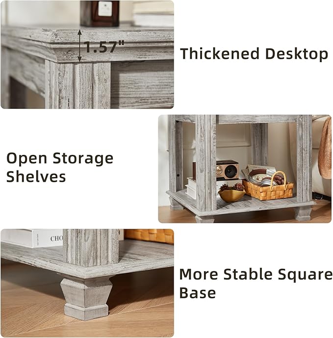 Farmhouse End Table,Large Side Table with 2-Tier Storage Shelf,Rustic Wood End Tables for Living Room,Square Tea Table,Gray-Ruum Studio Home