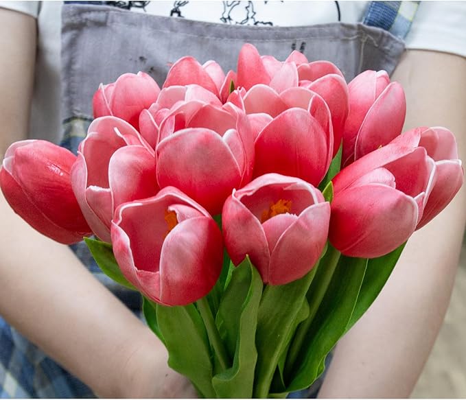 Buart Artificial Tulip in Bulk for Home Kitchen Wedding Bridal Bouquet,Fake Flowers for Mother's Day Easter Table Centerpieces Decorations(Large Size,Hot Pink,Real-Touch,12pcs)-Ruum Studio Home