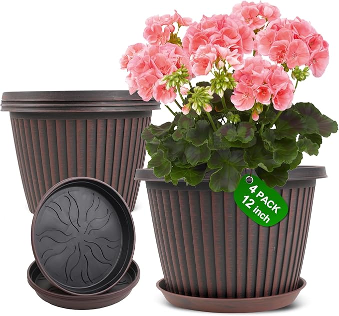 Large-Planter-Indoor-Outdoor Plant Pots, 12 inch 4 Pack Plastic Flower Pots with Saucer And Drainage Holes, Modern Garden Planters For Planting Medium Large Plants， Decorative Resin Garden Pots-Ruum Studio Home