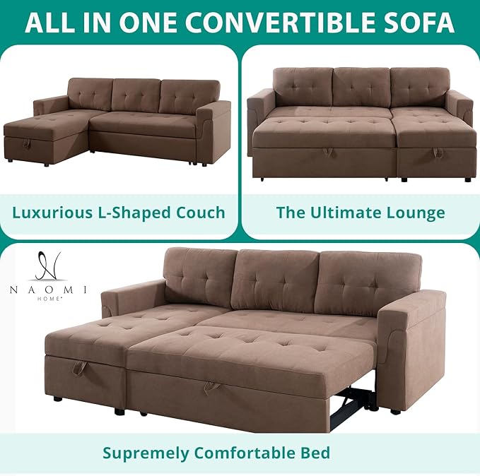 Naomi Home Transform Any Space: Sleeper Sectional Sofa with Convertible Sofa Bed & Inviting Chaise. Find Tranquil Comfort with Stress-Relieving Design & Durable Cushions - Mocha/Velvet-Ruum Studio Home