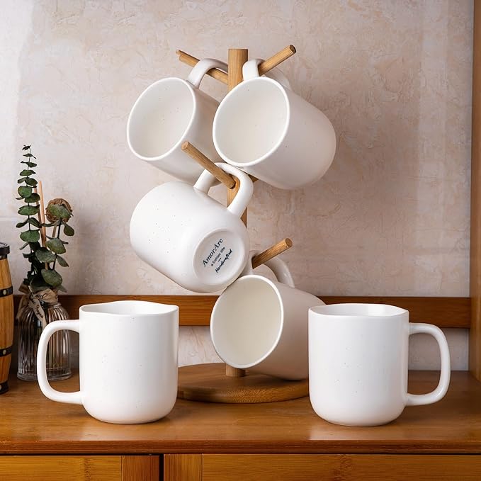 AmorArc 14oz Coffee Mugs Set of 6, Speckled Ceramic Coffee Mugs with Large Handle & Wavy Rim for Latte/Hot Cocoa/Tea, Coffee Cups for Men Women. Oven, Dishwasher&Microwave Safe, Speckled White-Ruum Studio Home