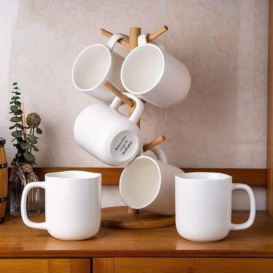 AmorArc 14oz Coffee Mugs Set of 6, Speckled Ceramic Coffee Mugs with Large Handle & Wavy Rim for Latte/Hot Cocoa/Tea, Coffee Cups for Men Women. Oven, Dishwasher&Microwave Safe, Speckled White-Ruum Studio Home