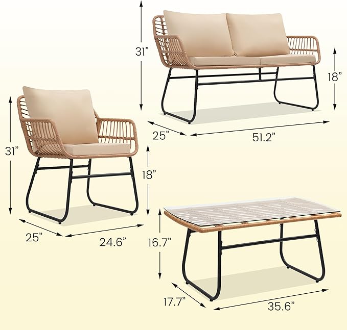 Kromax 4 Piece Patio Bistro Outdoor Furniture Set, Wicker Sofa, 2 Rattan Chairs, and Table, Backyard Conversation Set, All Weather Cushions, Natural Rattan Beige Cushion-Ruum Studio Home