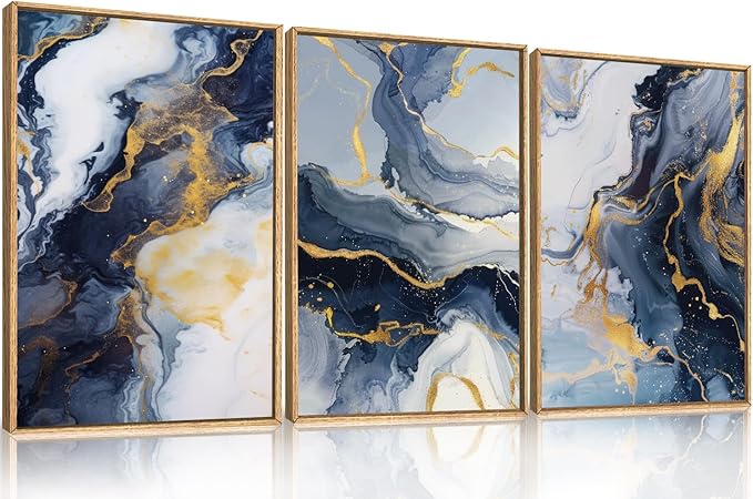 Celestdeco Blue Abstract Framed Canvas Wall Art Set, Blue Golden Aesthetic Wall Decor, Navy Blue Gold Wall Painting, Neutral Modern Art Print for Living Room, Bedroom, Dining Room, Office 24"x36"x3-Ruum Studio Home