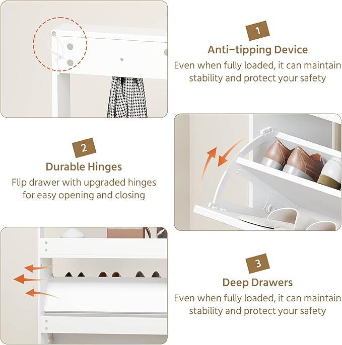 Shoe Cabinet Set of 2 with 3 Flip Drawers, Narrow Shoe Cabinet with 9 Hooks Coat Rack, Freestanding Shoes Storage Cabinets with Adjustable Shelves for Entryway, Hallway, Living Room, White-Ruum Studio Home