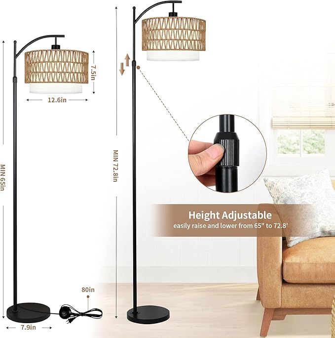 Arc Floor Lamp for Living Room Boho Floor Lamps with Remote Control & with 3 Color Temperatures,Rattan Wicker Standing Lamp Dimmable Tall Floor Lamp for Bedroom Living Room Corner-Ruum Studio Home