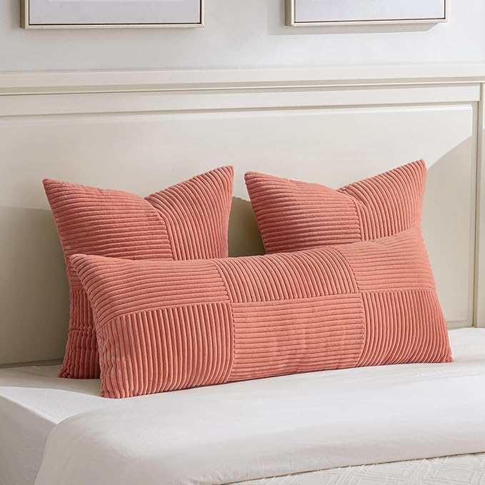 Fancy Homi 2 Packs Coral Big Decorative Throw Pillow Covers 24x24 Inch for Living Room Couch, Rustic Farmhouse Boho Home Decor, Soft Corss Corduroy Patchwork Accent Peach Square Cushion Case 60x60 cm-Ruum Studio Home