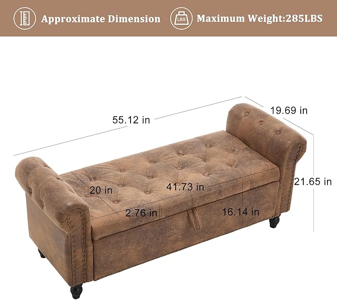 Furniliving 55” End of Bed Bench, Bedroom Bench with Button-Tufted, Large Upholstered Storage Ottoman Entryway Bench with Storage Shoe Cabinet Bench, for Bedroom, PU, Coffee-Ruum Studio Home