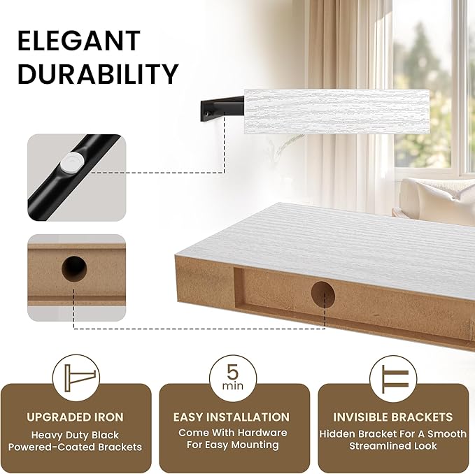 Floating Shelves for Wall, 36" W x 8" D x 1.5" H, Wooden Wall Mounted Display Shelves with Invisible Brackets for Living Room, Bedroom, Bathroom, Kitchen Decor and Storage, Set of 2, White-Ruum Studio Home