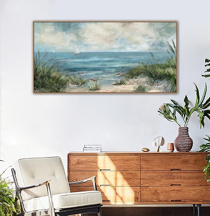 Sea Beach Framed Canvas Wall Art Vintage Seascape Canvas Prints Wall Decor Ocean Sailboat Seagull Canvas Pictures Beach Bird Reed Canvas Painting Artwork Living Room Bedroom Decoration 29" X 58"-Ruum Studio Home