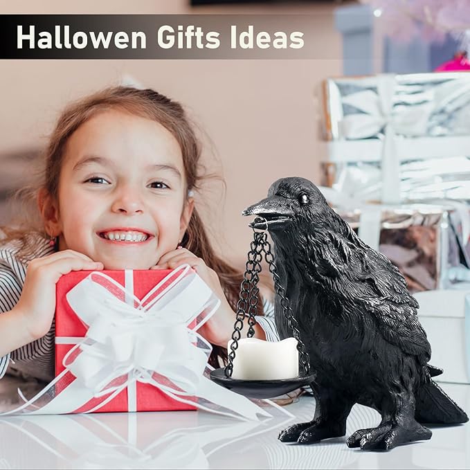 Raven Gothic Home Decor Fake Crow Light Holder Raven Lamp Tealight Candle Holder Resin Raven Statue Wearing Silver-Ruum Studio Home