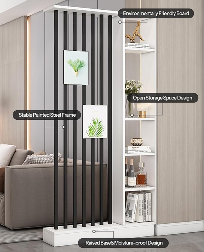 Wall Room Divider, Storage Cabinet Storage Display with Shelves, Modern Freestanding Wood Room Divider Screen, Wall Privacy Screens for Home Decorative (White+Black,31.5" L x 9.5" W x 79.5" H)-Ruum Studio Home