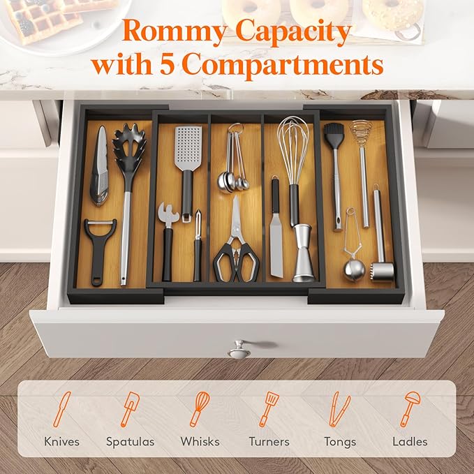 Lifewit Utensil Organizer for Kitchen Drawer, Bamboo Cooking Utensil Tray, Expandable Cutlery Silverware Flatware Holder, Adjustable Spatula Tools Gadgets Storage Divider, Large, Natural and Black-Ruum Studio Home