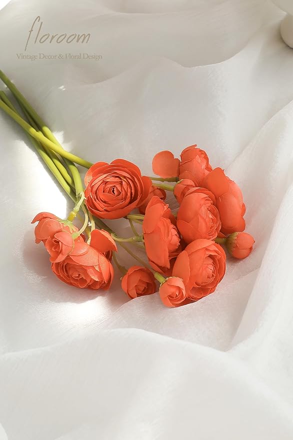 Floroom Ranunculus Artificial Flowers 18 Pcs Burnt Orange Faux Silk Mini Ranunculus Bulk Fake Wedding Filler Flowers for DIY Bouquets, Centerpieces, Bridal Shower Decorations & Arrangements-Ruum Studio Home