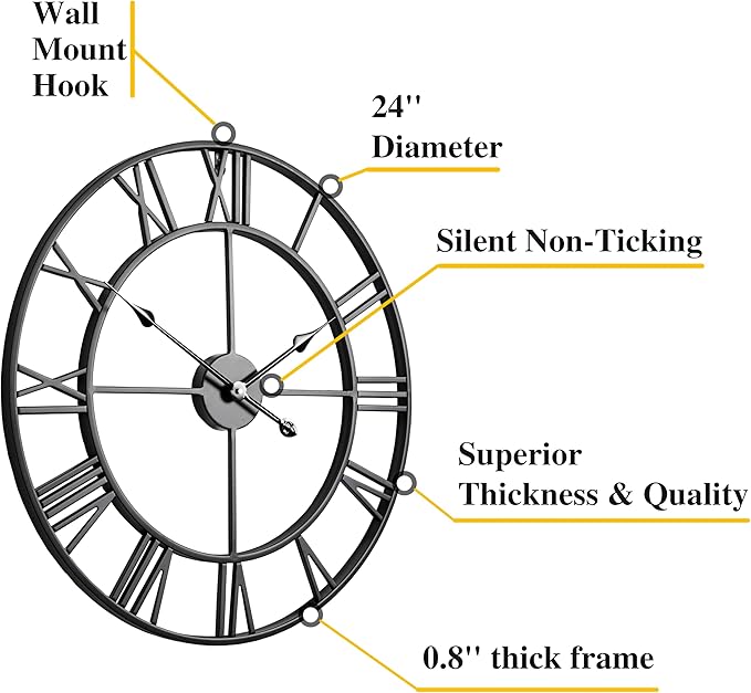 CLXEAST Silent 24 Inch Wall Clocks for Living Room Decor, Large Black Metal Roman Numeral Wall Clocks for Modern Farmhouse Home Decor,House Warming Gifts New Home-Ruum Studio Home