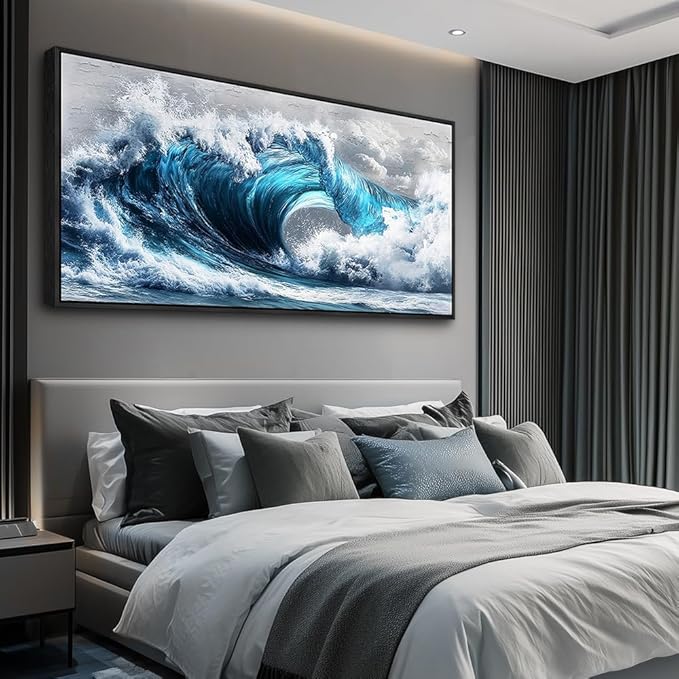 PHAOHUAXM Large Canvas Blue Wave Paintings Wall Art For Living Room Wall Decoration For Bedroom Ocean Wall Pictures Printing Office Decorations Posters Modern Home Decor Black Framed 30x60 In-Ruum Studio Home