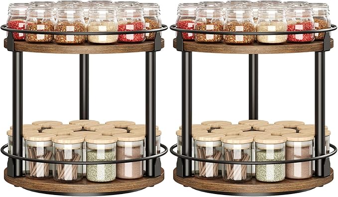 Spice Rack, Set of 2 Lazy Susan Organizer, 2-Tier Turntable Organizer, Rotating Spice Rack Organizer For Cabinet, Compact and Versatile, for Kitchen Countertop, Rustic Brown SR22L2BR-Ruum Studio Home