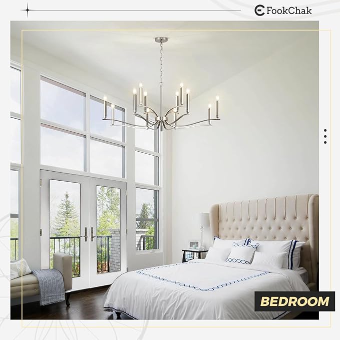 12 Light Nickel Living Room Chandelier High Ceiling Foyer Candle Chandelier Large Modern 44in Metal Chandeliers Hanging Light for Master Bedroom Dining Room Light Fixture Over Table-Ruum Studio Home