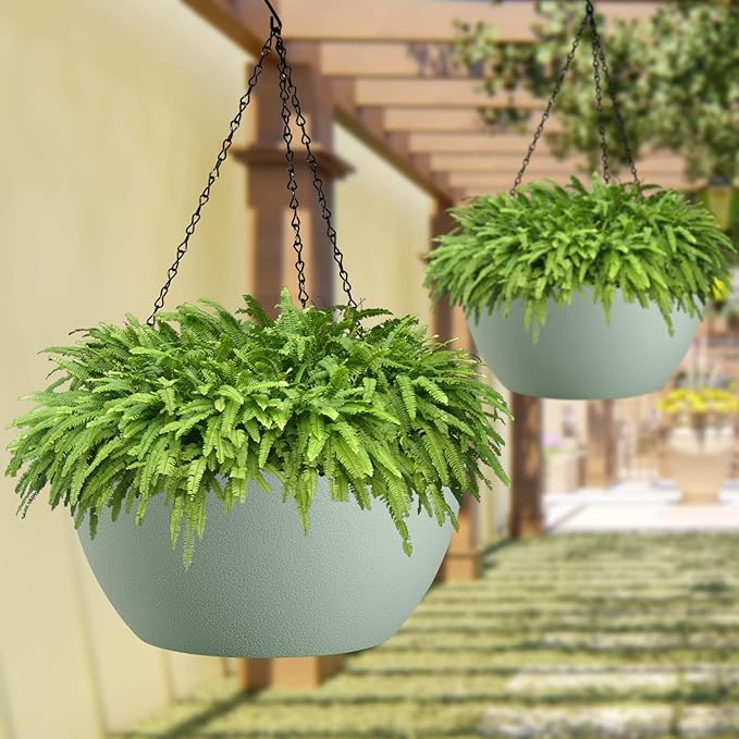 WOUSIWER 13 inch 2 Pack Large Hanging Planters for Indoor Outdoor Plants with Drainage Holes and Chain, Round Hanging Flower Pots for Garden Home Porch Decor, Green-Ruum Studio Home