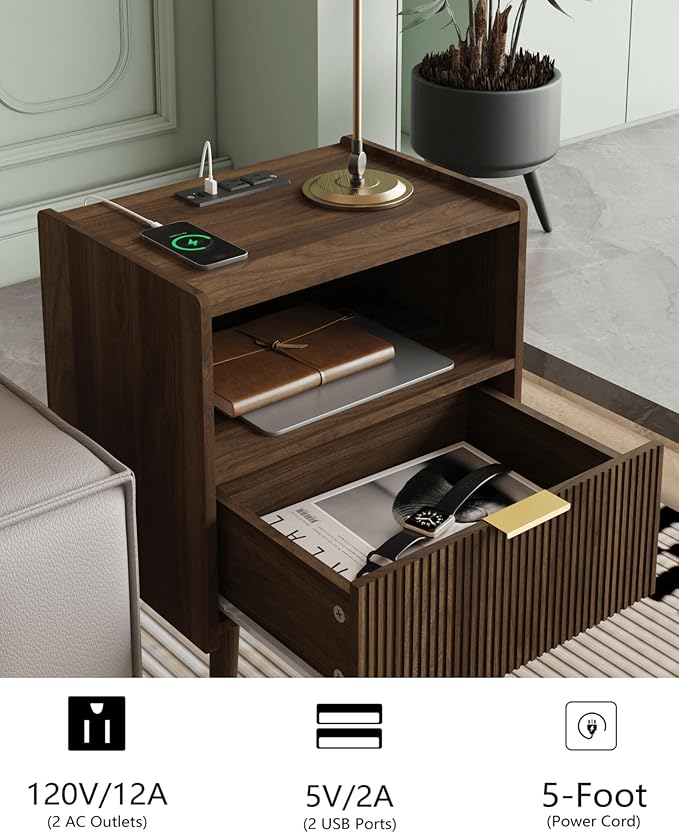 Nightstand,Modern Bedside Table with Storage Drawer and Open Wood Shelf, Accent Night Stand with Solid Wood Legs for Living Room, Bedroom and Small Spaces,Easy Assembly (Walnut Brown-Outlet)-Ruum Studio Home