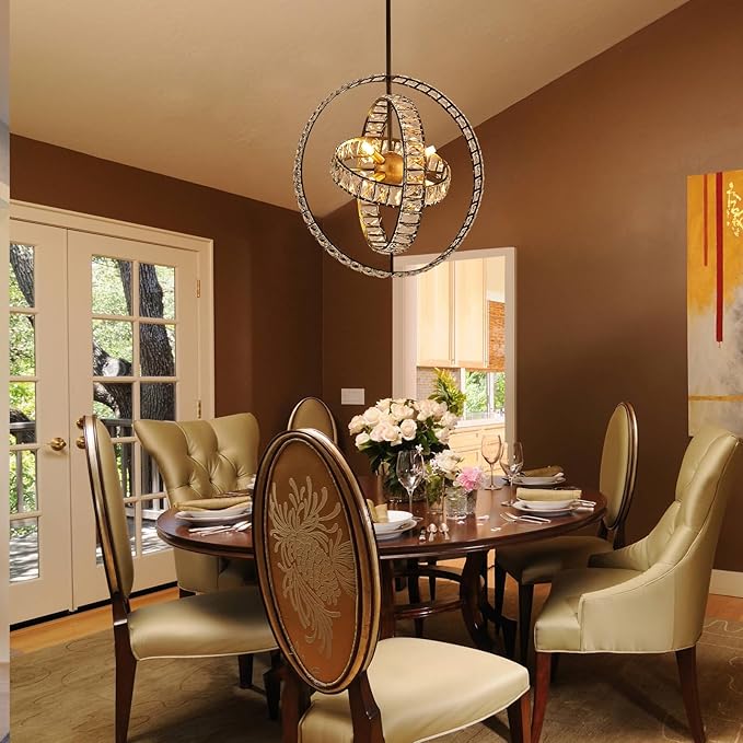 18" Crystal Globe Sputnik Chandelier, 6-Light Black Gold Modern Adjustable Hanging Ceiling Pendant Light Fixture for Entryway Foyer Stairway Bedroom Dining Living Room Hallway-Ruum Studio Home