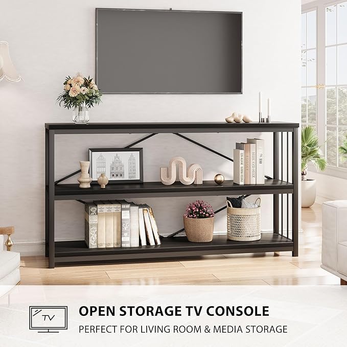 LVB Black Console Table, Modern Entryway Table for Hallway Living Room, Industrial Sofa Table Behind Couch, Farmhouse Wooden Metal Entry Table for Foyer with 3-Tier Storage Shelves, Black Oak, 55 Inch-Ruum Studio Home