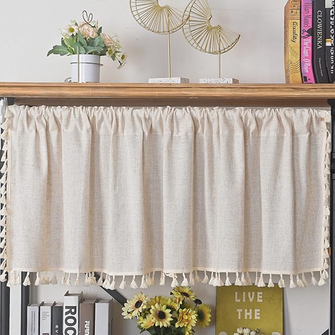 Sutuo Home Boho Sheer Curtain Valance Tier Cotton Linen with Bohemian Handmade Tassels, Short French Farmhouse Window Treatment for Kitchen Cafe, Rod Pocket, 1 Panel 59" W x 24" L, Natural Textured-Ruum Studio Home