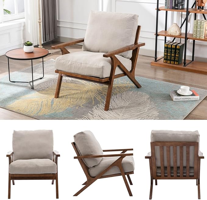 HNY Mid Century Chair, Faux Leather Upholstered Accent Armchair with Wood Frame and Canvas Cushions, Leisure Reading Chair Slipper Chair for Living Room, Bedroom, Beige-Ruum Studio Home