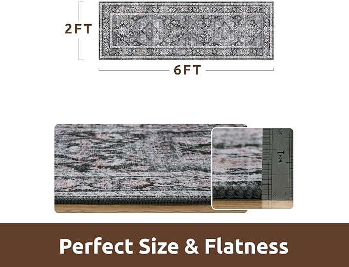AMOAMI-2X6 Runner Rug-Washable Runners for Hallways-Soft Non Slip Bedside Rugs for Bedroom-Vintage Long Rug for Hallways Entryway Laundry Room Stair Kitchen Bathroom Dark Grey & Black-Ruum Studio Home