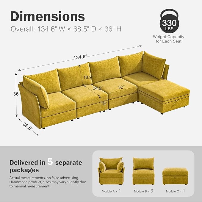 134.6" Luxury Modular Sectional Convertible Sofa with Storage Ottoman, L-Shape 5-Seat Oversized Comfy Couch Deep Seat with Reversible Chaise - Chenille Yellow-Ruum Studio Home