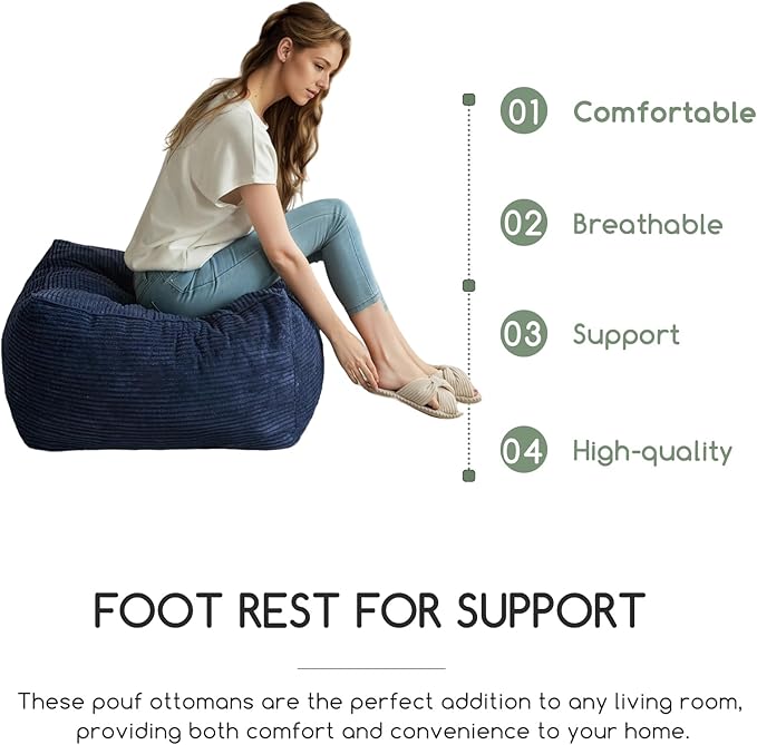 HIGOGOGO Square Stuffed Pouf Ottoman, Corduroy Poufs with Foam Chunk Filling, Furry and Fluffy Pouf Foot Stool Storage Ottoman, 25.6 X 25.6 Floor Poufs Foot Rest for Living Room, Navy-Ruum Studio Home