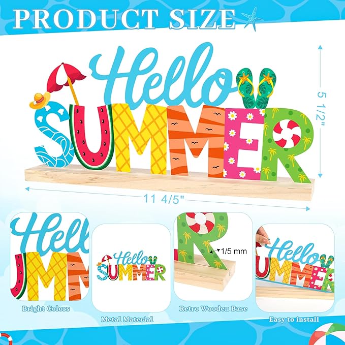 COCHIE Metal Hello Summer Sign, Summer Decorations for Home, Office, Shelf, Mantel, Indoor, Beach Slippers Tabletop Centerpiece Decoration, Watermelon Red Decor (Beach)-Ruum Studio Home