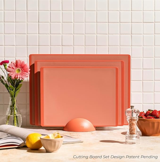 SMIRLY Plastic Cutting Board Set with Holder 3 Pieces, Non-Slip Dishwasher Safe Chopping Boards for Kitchen, Pink-Ruum Studio Home