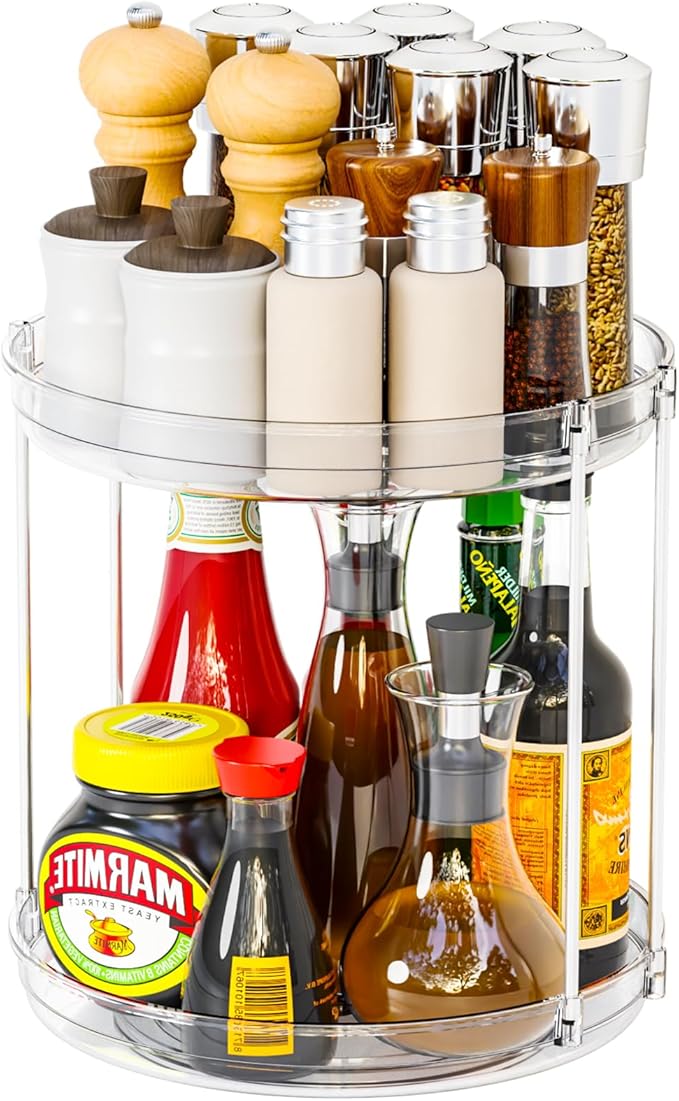 2 Tier Lazy Susan Turntable for Cabinet,Countertop,Pantry,9.5"W Spinning Seasoning Organizer,Double Rotating Kitchen Spice Rack Organizer and Condiments,Medicine,Vitamin Bottle Organizer Carousels,1Pc-Ruum Studio Home