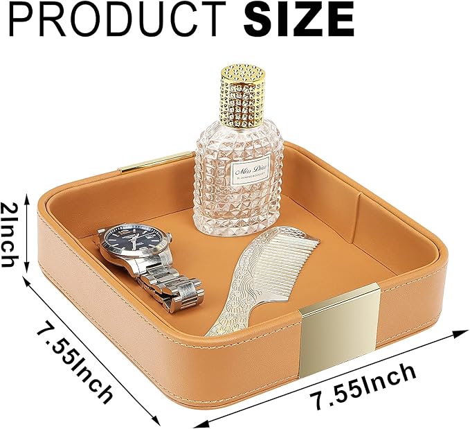 SANZIE Luxury Leather Desktop Storage Small Catchall Organizer Decorative Tray for Entryway Table to Hold Jewelry Watch Cosmetics Keys Phone Wallet, Home & Office Accessories (Metal Glided, Orange)-Ruum Studio Home