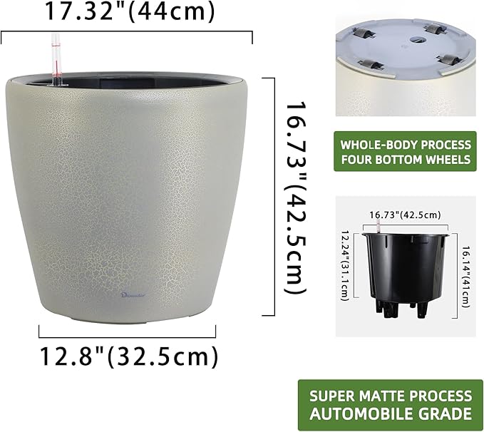 Dexceder 18x17 Self Watering Planter with Wheels Indoor Outdoor, Inner Pot Design, Thickened Large Floor Standing Flower Plant Pot with Water Level Indicator (Grey Gold Crackle)-Ruum Studio Home