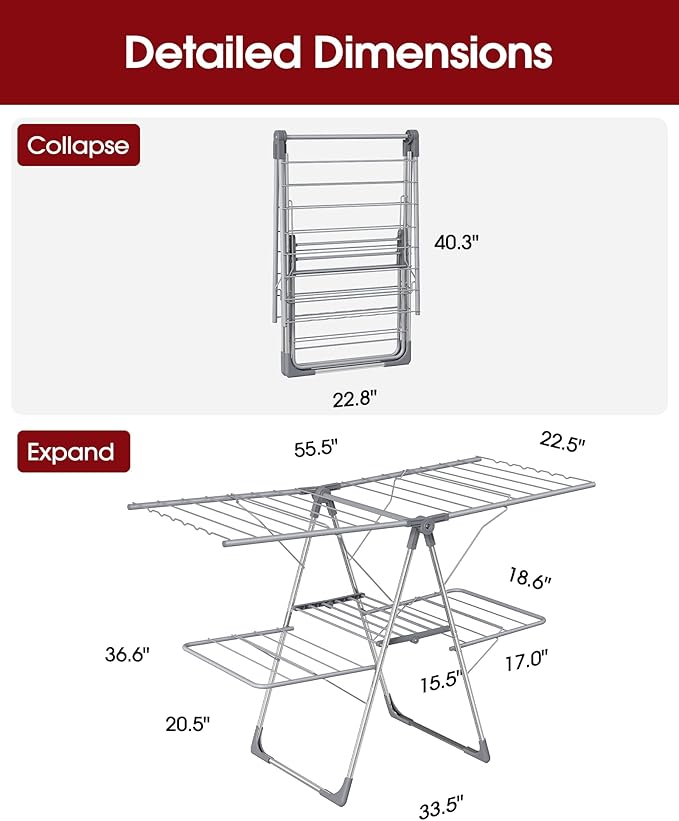 Clothes Drying Rack - Foldable Laundry Drying Rack for Clothing & Bedding, Easy-to-Assemble, Space-Saving Metal Airer with Non-Slip Feet, Indoor & Outdoor Use, 55.5"×22.8"×36.6", Gray-Ruum Studio Home