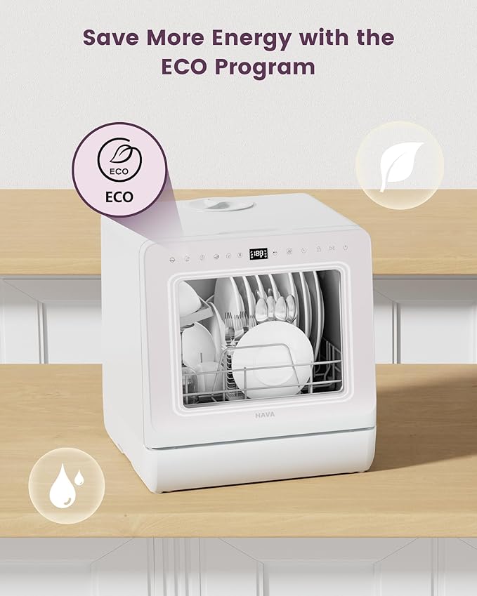HAVA Countertop Dishwasher with Water Softener and Enhanced Energy Efficiency, Portable Dishwasher with 8 Wash Programs, Child Lock & Delayed Start Function, No Installation Needed - Misty Lilac-Ruum Studio Home
